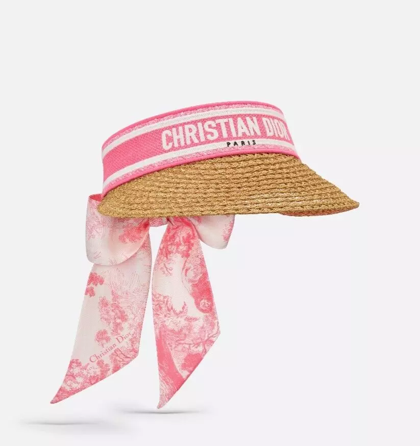 Chapeau réglable neuf CHRISTIAN DIOR Dioriviera D Ocean paille visière Mitzah rose cravate