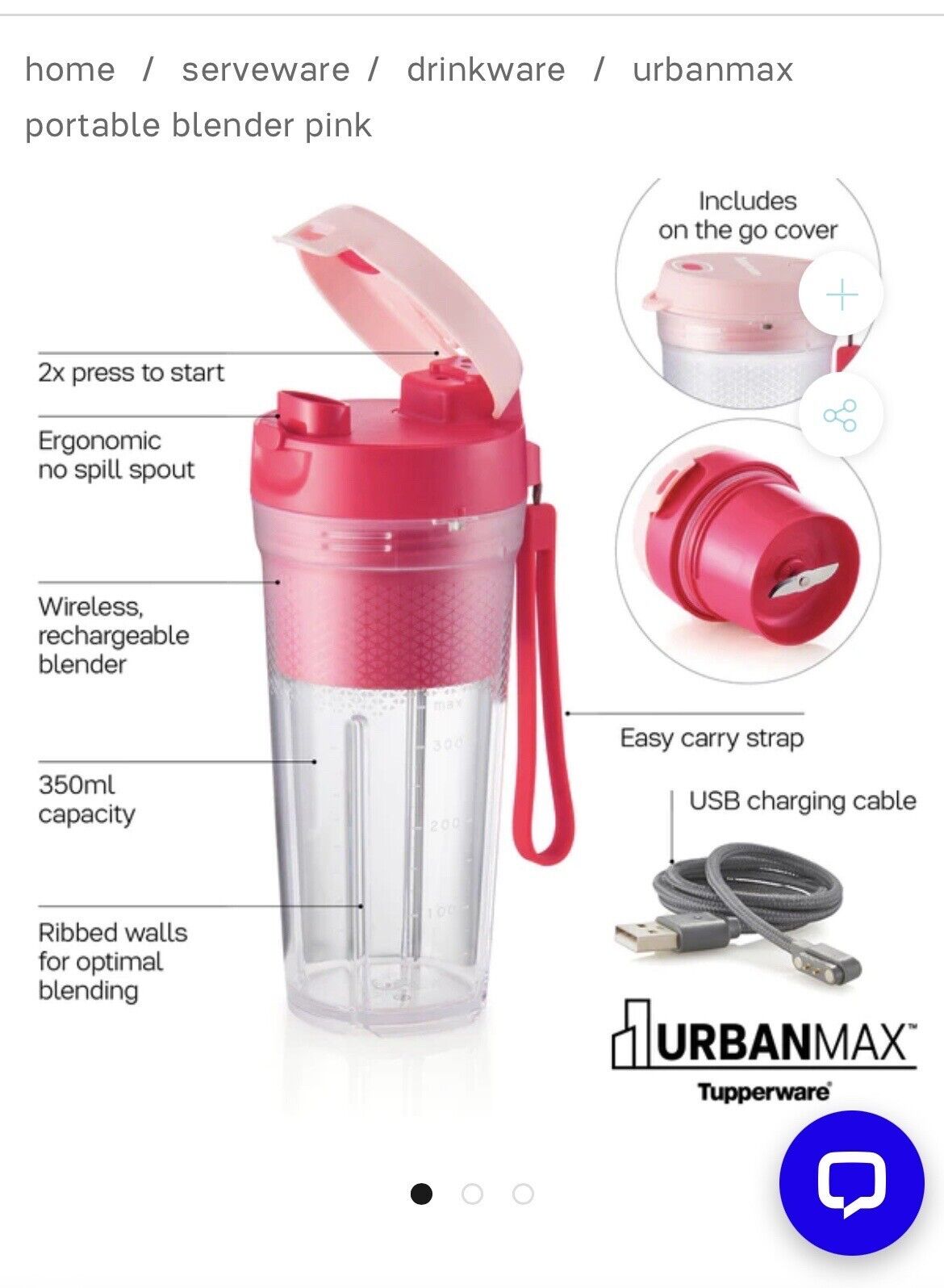 Tupperware Urban Max Rechargeable Wireless & Portable Blender Pink 350ml New