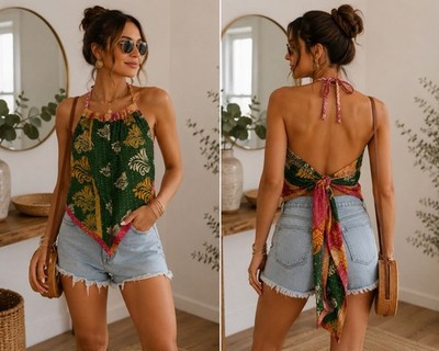 NWT green and gold floral patterned halter scarf top.  One Size Up To XXL