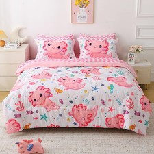 Girls Pink 7 Piece Axolotl Comforter Set for Kids Full Size Kawaii Axolotl Be...