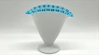 Vintage Fenton Style Milk Glass Bud Vase Aqua Blue Ruffled Rim 4.5" MCM