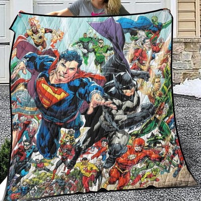 Rare! Justice League Heroes Print Lightweight Quilt With Edge-Wrapping Strips