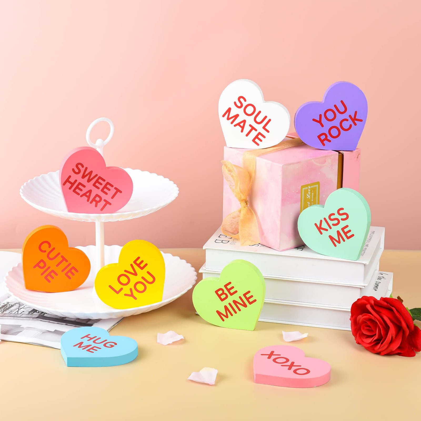 9 Pieces Valentine's Day Heart Wood Sign Candy Conversation Tray Decor Pastel... thumbnail 2