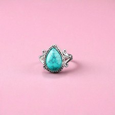 Blue Turquoise Stone Wedding Statement Anniversary Ring 925 Sterling Silver US 6