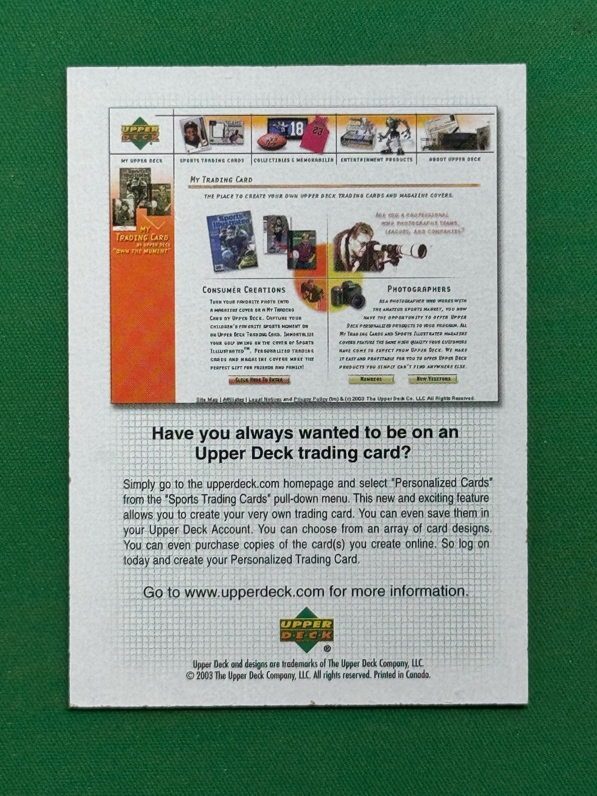 2003 Upper Deck Baseball Upper Deck Advertisements Personalized Cards #NNO