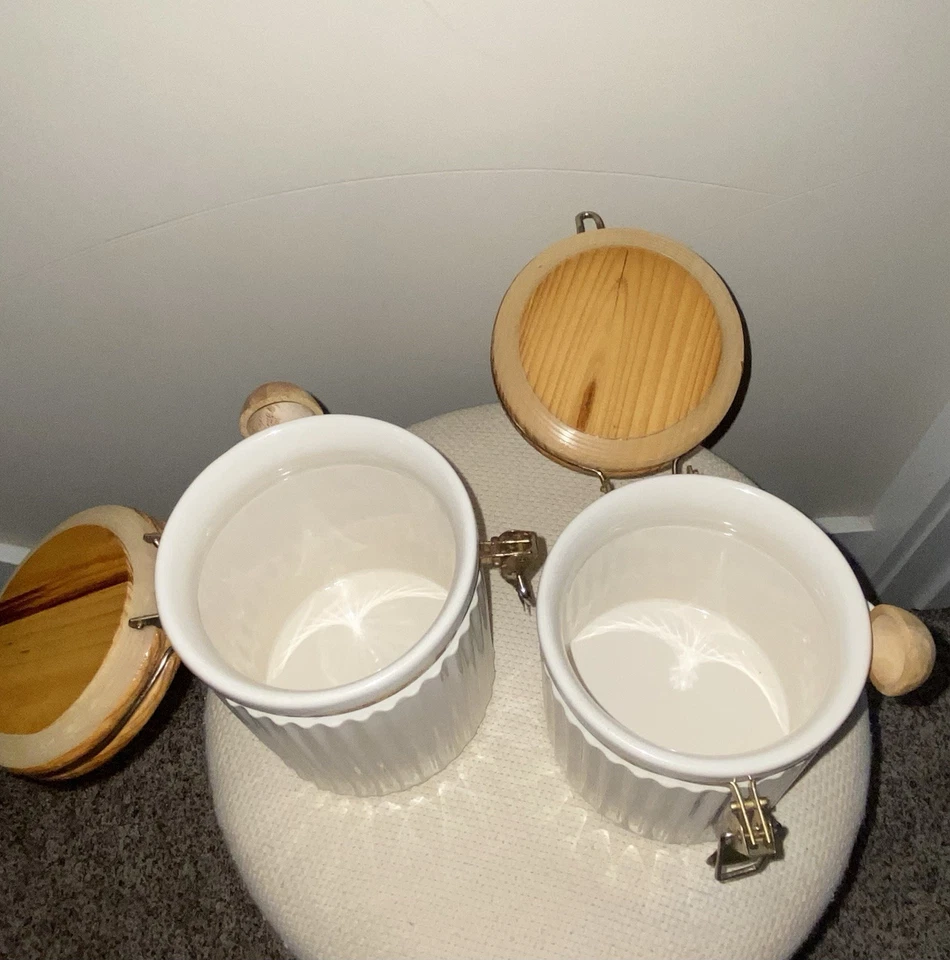 2 Cute Antique Jars For Your Kitchen With Wooden Spoons White+Gold Hardware - Image 4 of 4