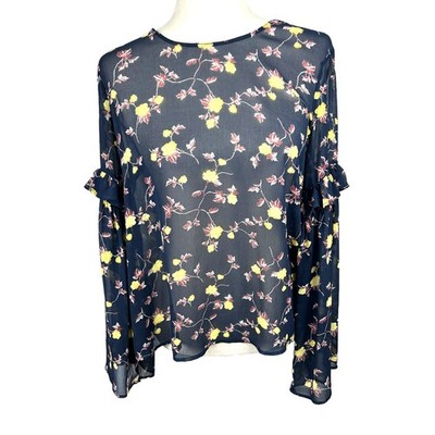 Lush Sheer Navy Blouse with Yellow and Lilac Floral Print Bell Sleeves Size M