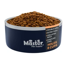 Stainless Steel Large Double Wall Dog Bowl with Anti Skid Base - Navy Blue