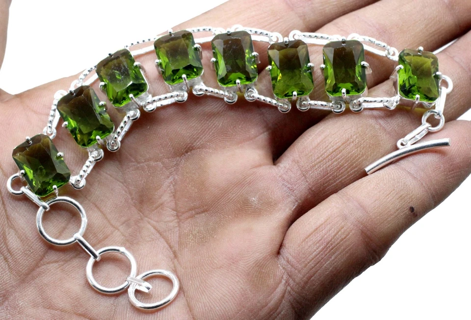 Green Peridot Gemstone Handmade 925 Sterling Silver Jewelry Bracelet Size-7-8" - Image 2 of 2