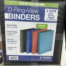 NEW! 4 PACK OF TOPS 1.5"(375 SHEETS) MULTICOLOR D-RING BINDERS #437