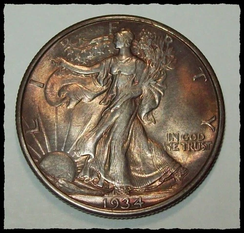 1934-P WALKING LIBERTY HALF DOLLAR Beautiful Violet Tone Ch AU+ #8D77 .9 SILVER