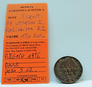 RARISSIMA "R2" MONETA DA 5 CENT. REGNO D'ITALIA 1896 UMBERTO I COND. QSPL