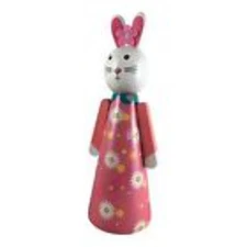 39723 - Adorable Handcrafted 8" Wooden Easter Bunny Figure with Detailed Pink Dr