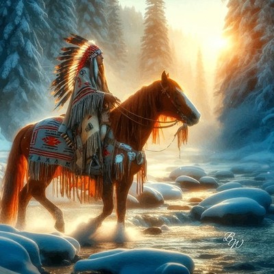 Native American Indian at sunrise crossing a winter stream