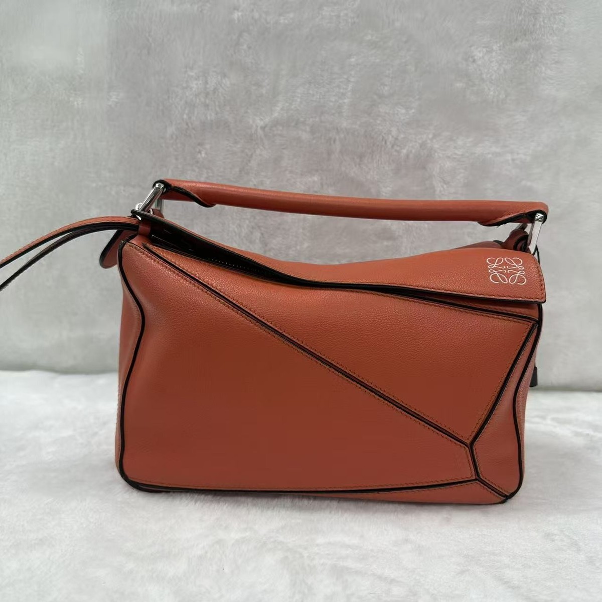 Loewe Puzzle Small Handbag Orange Calfskin Leather Silver Hardware