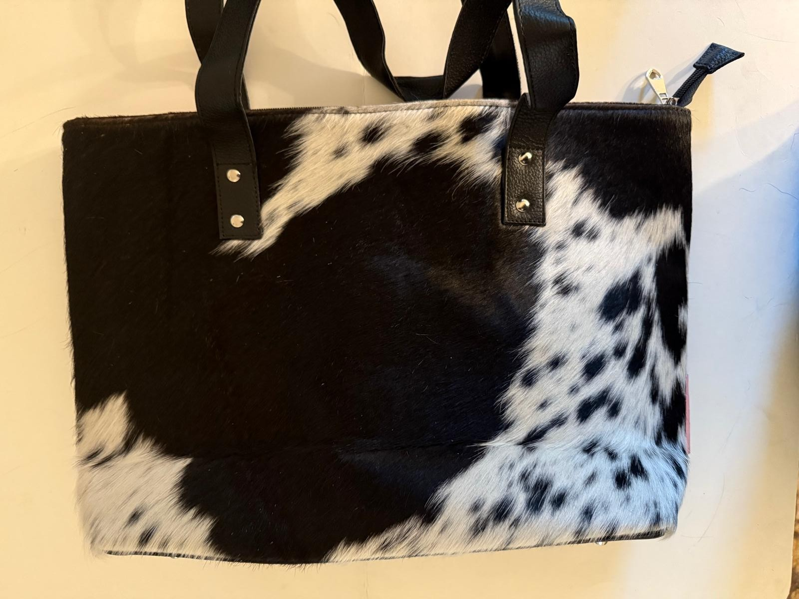 Genuine Cowhide Hair-On Leather Tote Bag – Black/White Western Shoulder Purse