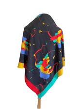 AS11 Retro 80s 90s French Silk Scarf Abstract Painting Style Black Square Shawl