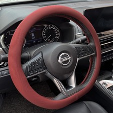 D Shaped Nappa Leather Steering Wheel Cover 14.5-15 Inch Rust Red - 3-Layer