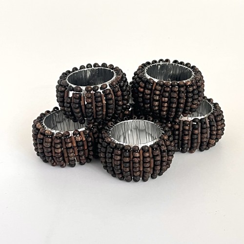 6 Wood Beaded Boho Napkin Rings Brown Mid Century Bohemian Style Rustic