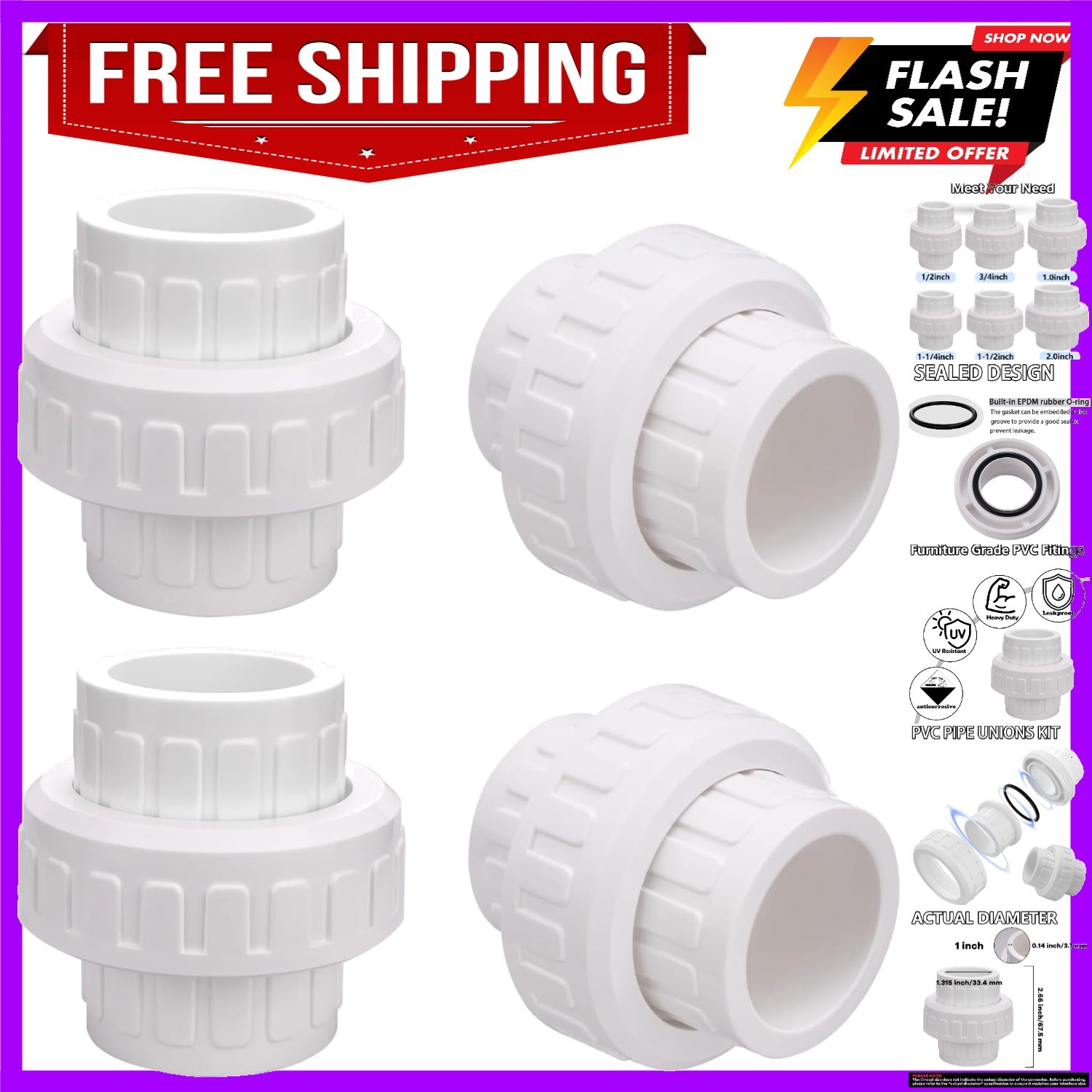 1" PVC Union Coupling Pipe Fitting Socket x Socket PVC Adapter Schedule 40, E...
