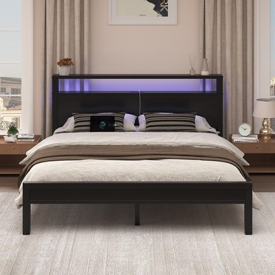 Full/Queen/King Metal Bed Frame with Storage Headboard and Charging Station