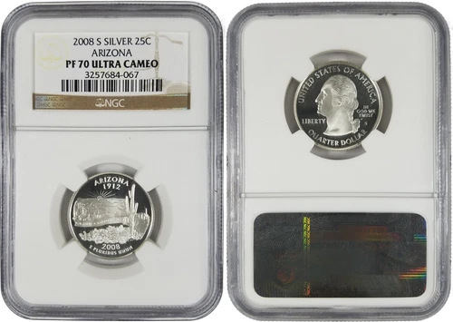 2008-S Arizona 25C Silver Proof Quarter PF70 Ultra Cameo NGC ~ Brown Label #2