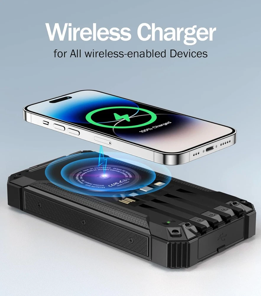 36000mAh Power Bank with Wireless Charging and 4 Cables for Phones