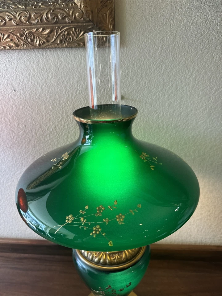 Винтажная Старинная Зеленая Tam-O-Shanter АБАЖУР и Базовая Масляная ЛАМПА Ручная Роспись Цветы - Изображение 4 из 4