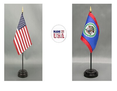 Made in the USA--1 American & 1 Country Rayon 4''x6'' Office Desk Flag & 2 Stands