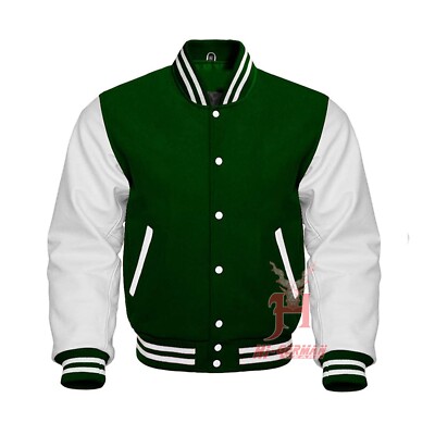 Varsity Jacke Gothic College Bomber Jacket Unisex Forest Green Weiß Leder