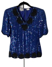 Vintage Stenay Sequin-Beaded Top Silk Floral Scalloped Blue Black Small C41
