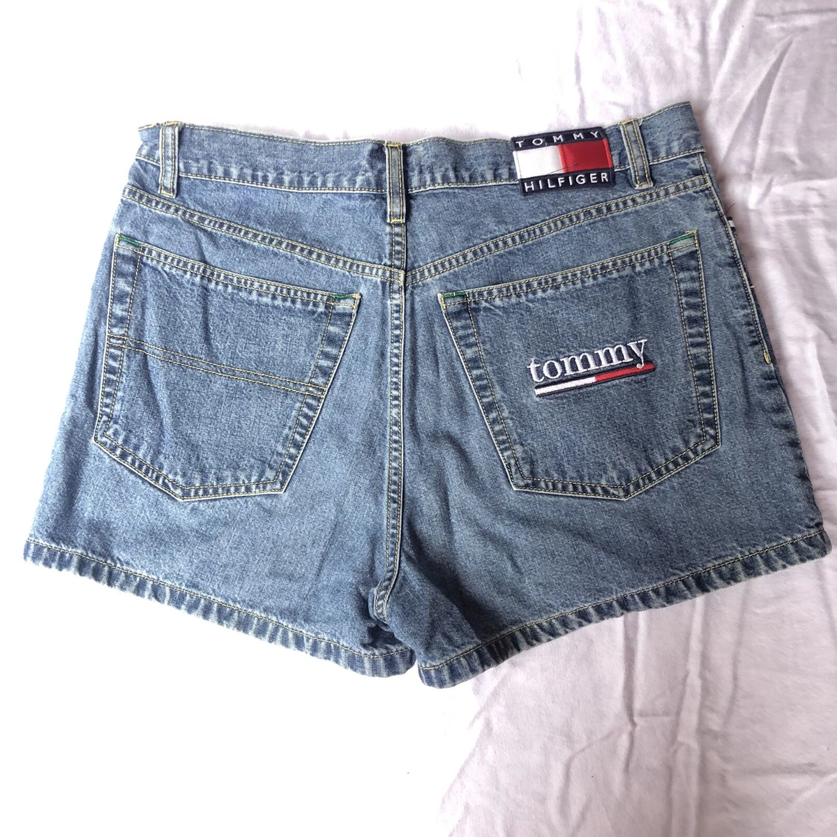 Pantalones cortos de mezclilla para mujer de colecci n Tommy Hilfiger a os 90 azul jean talla 11 bandera parche con logotipo
