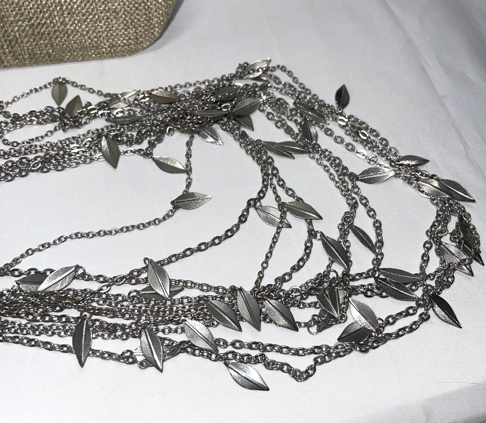 Multi Strand Stacked Silver Tone Dangle Leaf Neck… - image 3