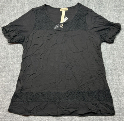 Lavish Blouse Womens L Black Lace Round Neck Short Sleeve Stretch Pullover New