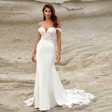 Wedding Dress Off Shoulder Bridal Gowns Applique Back Button Sweep Train Mermaid