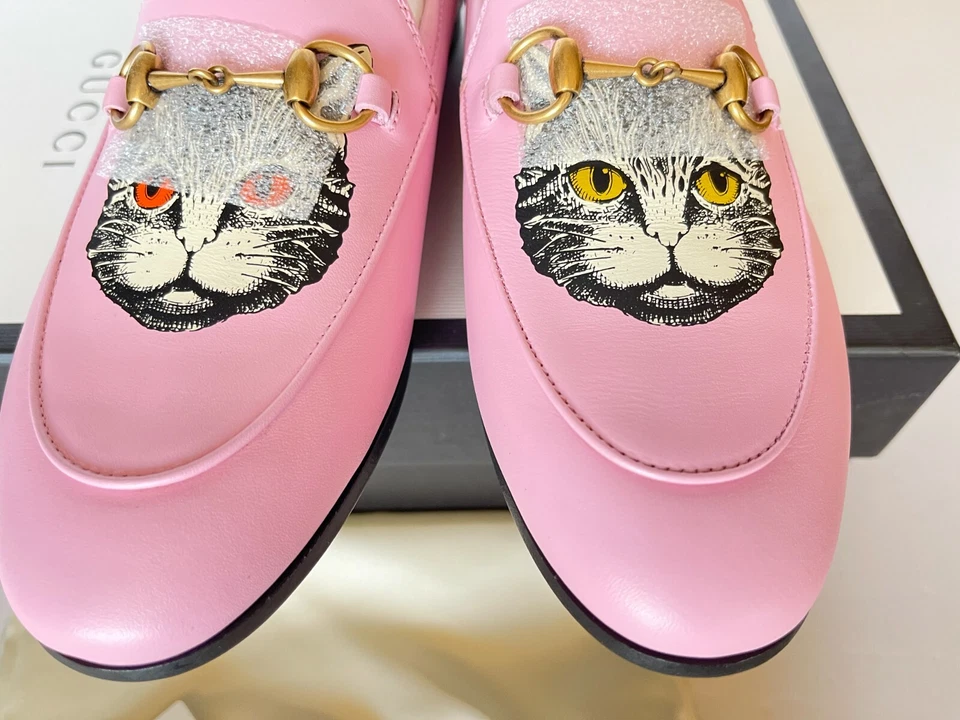 Nuevo Auténtico Gucci Mystic Cat Brixton Mocasín Mules Plano Rosa Eur 36 / EE. UU. 6