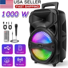 Rechargeable 1000W 8" Woofer Portable FM Bluetooth Speaker w/ LED Light Party US