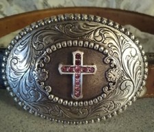 Vintage Nocona Silver Tone Pink Rhinestone Cross Belt Buckle w/ Leather Belt