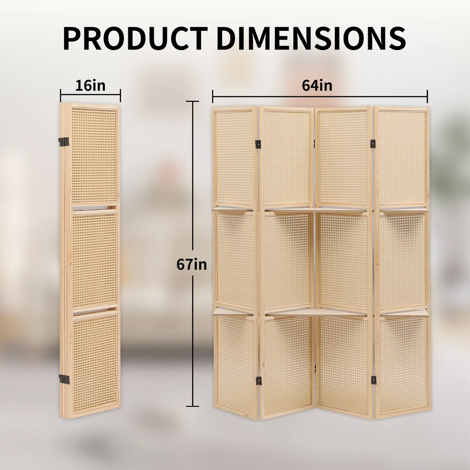 Divisor de habitación de ratán con estantes plegables 4 paneles pantalla de madera mimbre pared de privacidad Foto 4 de 4