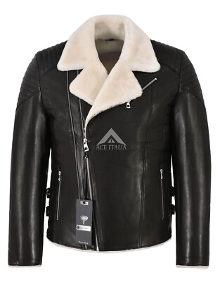 Herren Echt Lammfell Gefüttert Biker Leder Jacke Slim Fit Schwarz Veg Gegerbt 2041