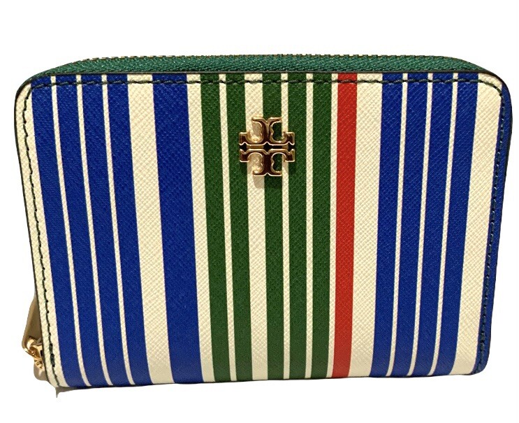Tory Burch Emerson Zip Coin Card Blue Stripe Multi Color