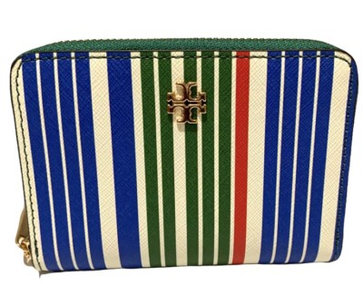Tory Burch Emerson Zip Coin Card Blue Stripe Multi Color Wallet | eBay
