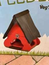 Veg Trug RED Gnome House Feeder Red/Black w/ Metal Post/Fence Mount Hinged Top
