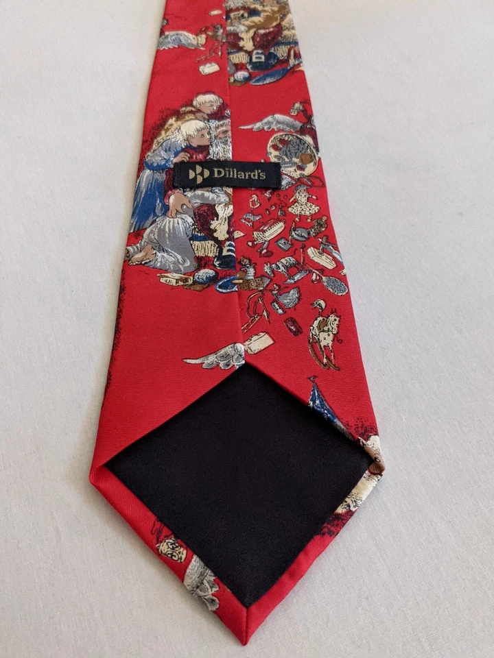 Vintage Dillards Santa With Children Toys Men's Christmas Tie Silk Red - Image 3 of 4
