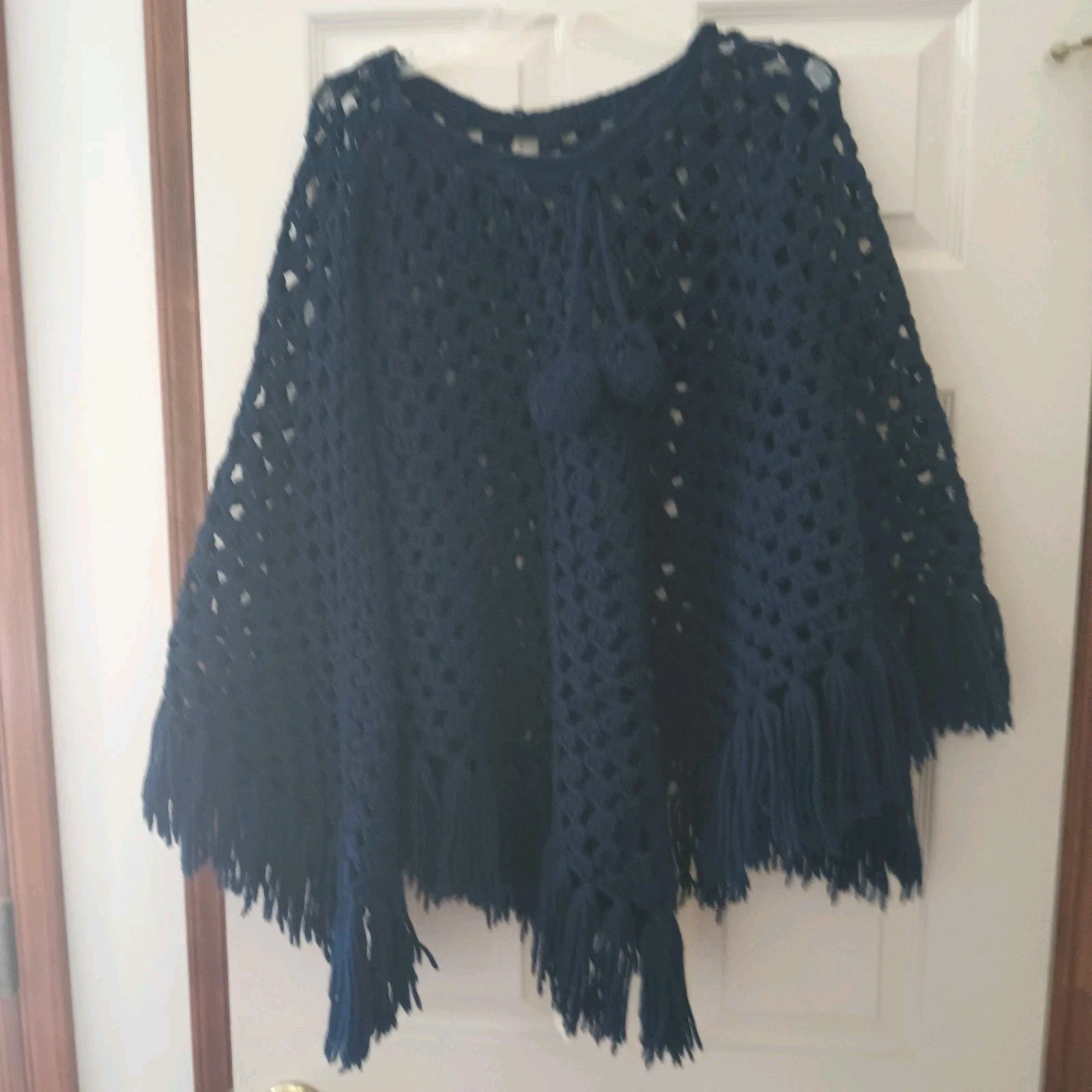 Crochet Hand Knit Shawl Poncho One Size Women's Navy Blue