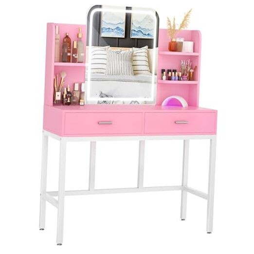 Pink Vanity Desk with Mirror Lights and 2 Storage Drawers