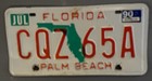 Vintage 90 FL License Plate 1990 Florida Lic Plam Beach CQZ 65 A White Orange — photo 1