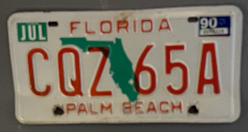 Vintage 90 FL License Plate 1990 Florida Lic Plam Beach CQZ 65 A White Orange