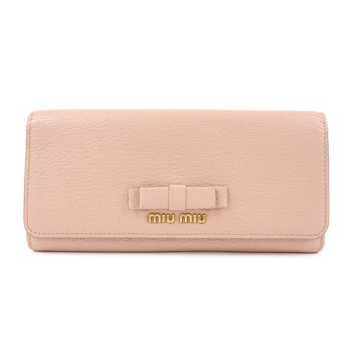 MIU MIU Madras Leather Ribbon Bi-fold Long Wallet Pink 5MH109 Authentic Used F/S