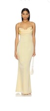 Yellow Satin Maxi Dress, Strappy Backless, Cowl Neck, Slit, Sleeveless